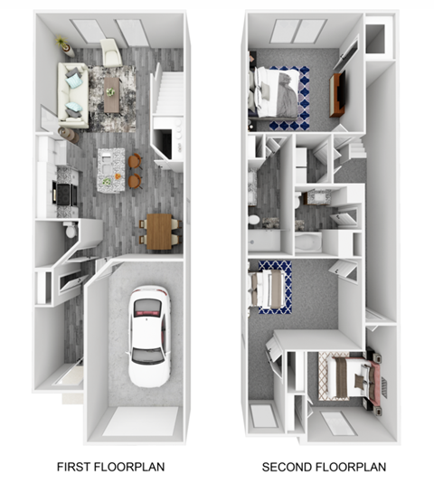 Two floor plans of a small apartment with a car.