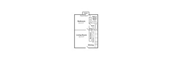 A floor plan of a small apartment with a bedroom, living room, dining area, and kitchen.