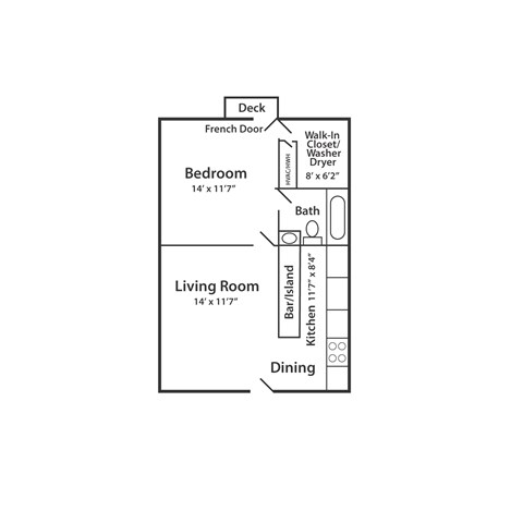 A floor plan of a small apartment with a bedroom, living room, dining area, and kitchen.
