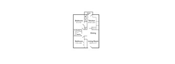 A floor plan of a small apartment with a kitchen, two bedrooms, a bathroom, a living room, and a deck.