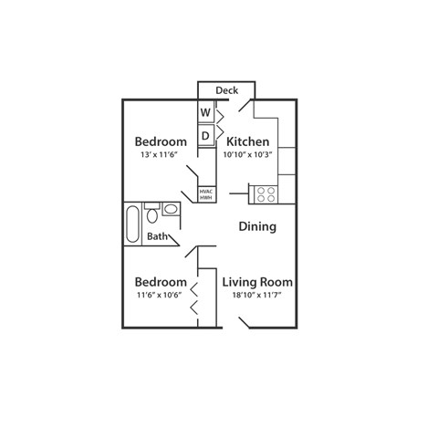 A floor plan of a small apartment with a kitchen, two bedrooms, a bathroom, a living room, and a deck.