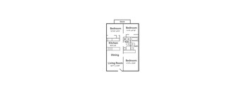 A floor plan of a small apartment with a kitchen, two bedrooms, a living room, and a dining area.