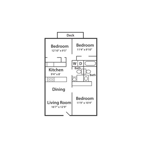 A floor plan of a small apartment with a kitchen, two bedrooms, a living room, and a dining area.