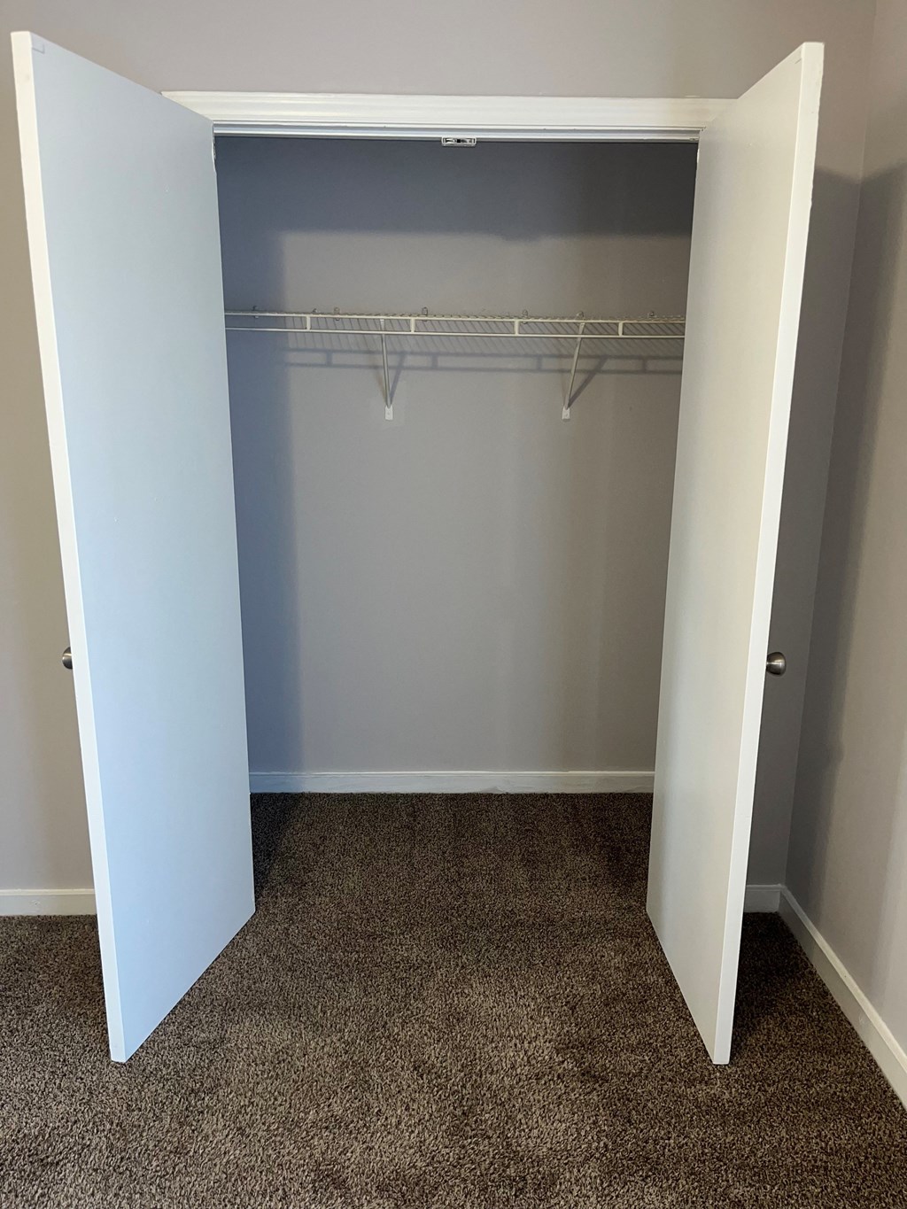 a room with a closet and a carpet