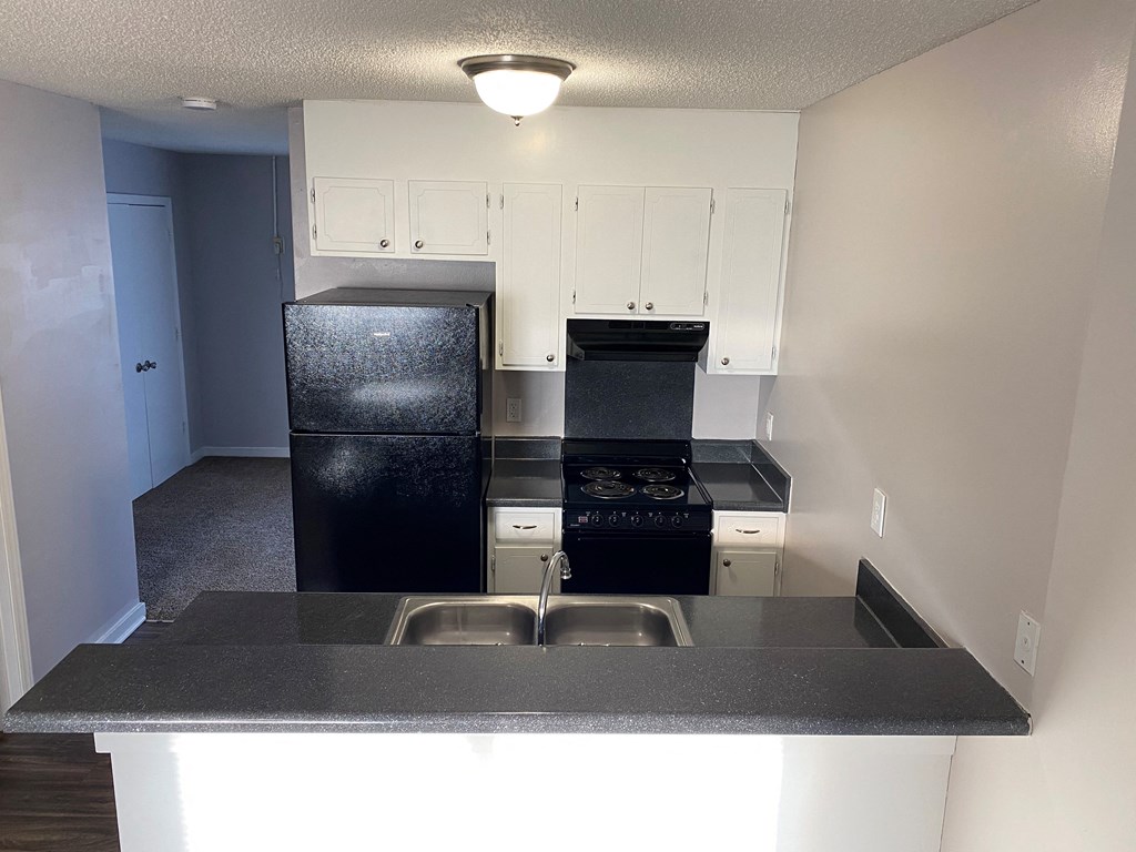 Renovated kitchen with black appliances