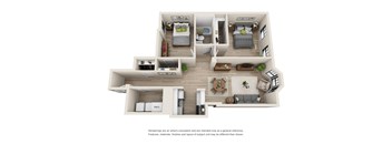 A floor plan of a house with a kitchen, living room, and two bedrooms.