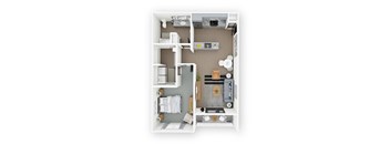 A top-down view of a small, well-organized kitchen and living area.