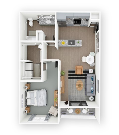 A top-down view of a small, well-organized kitchen and living area.
