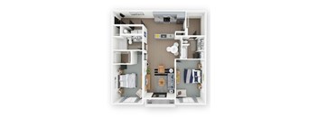 A top-down view of a small, well-organized apartment with a kitchen, living room, and bedroom.