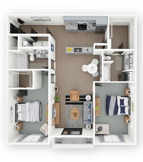 A top-down view of a small, well-organized apartment with a kitchen, living room, and bedroom.