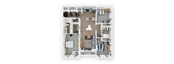 A top-down view of a small, well-organized apartment with a kitchen, living room, and bedroom.