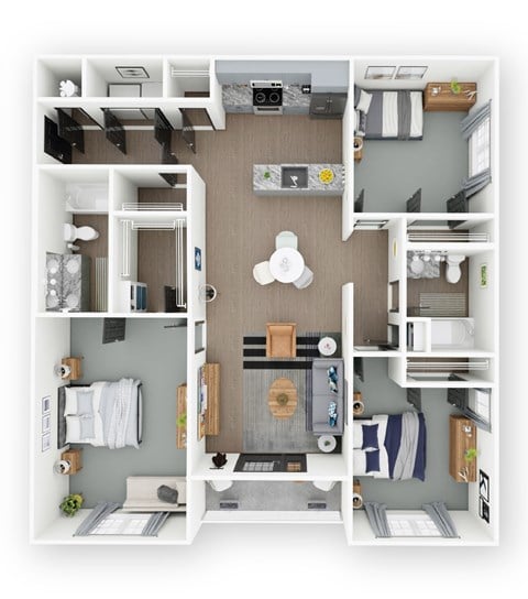 A top-down view of a small, well-organized apartment with a kitchen, living room, and bedroom.