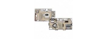 A floor plan of a two-story residential building with a kitchen, living room, and bedrooms.