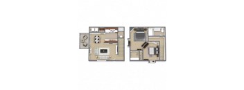 Two images of a house layout with a kitchen, living room, and bedrooms.