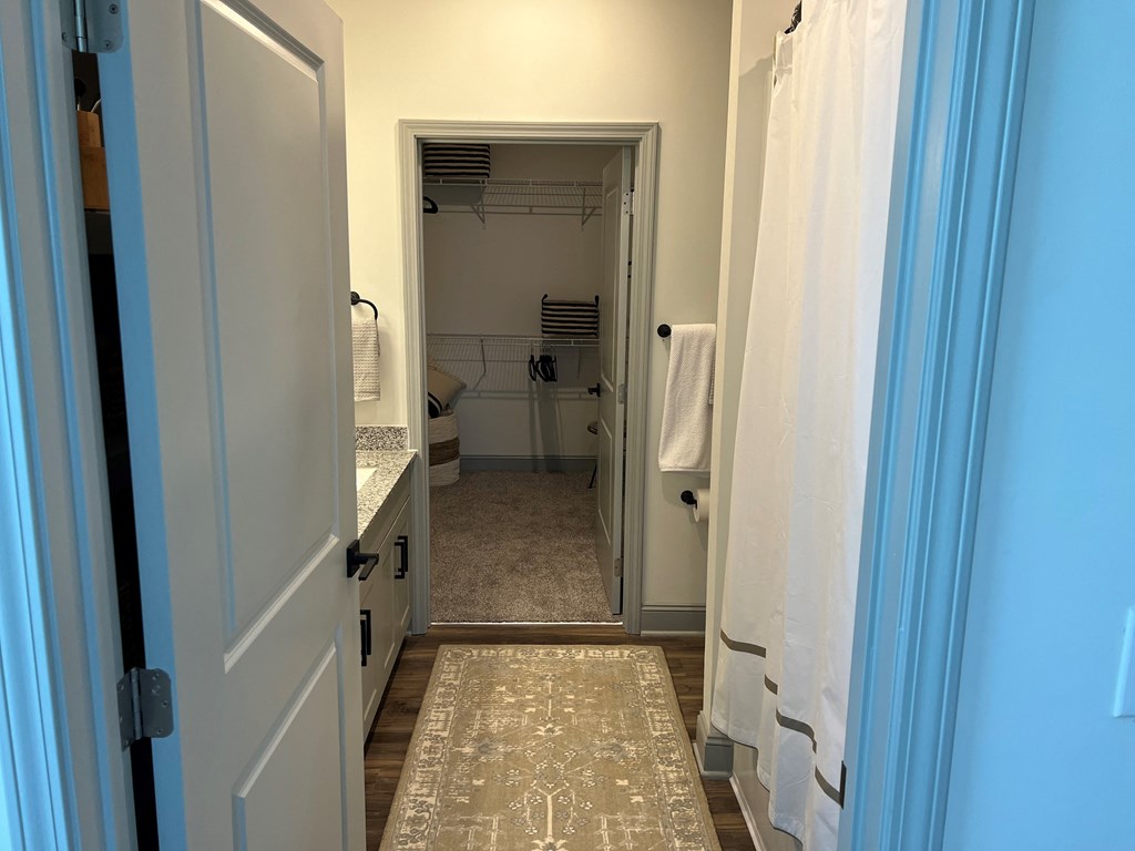 a small bathroom with a vanity and a walk in closet