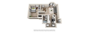 A 3D rendered image of a modern apartment layout.