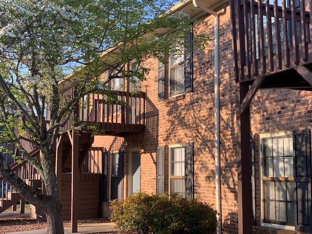 A tree is in front of a building with a balcony.