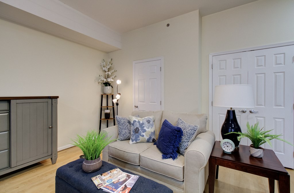 A living room with a grey couch, a wooden side table, and a small potted plant.