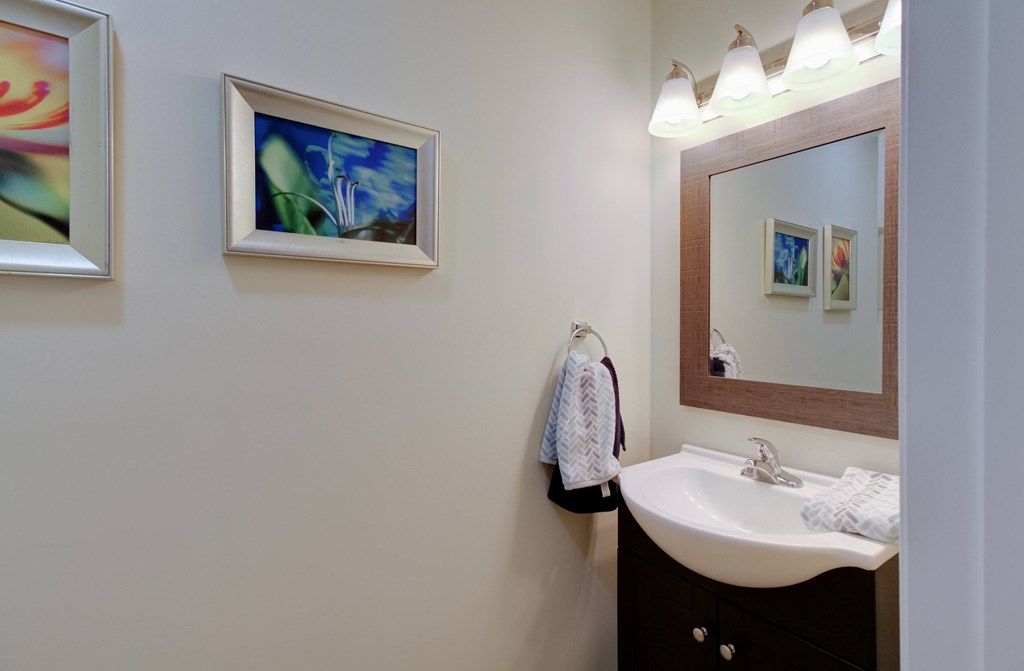 A bathroom with a sink, mirror, and two paintings on the wall.