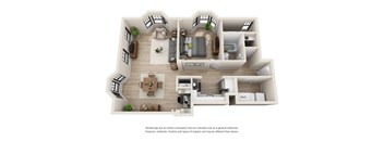 A 3D rendered image of a house layout.