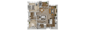 A bird's eye view of the James floor plan featuring bedrooms, kitchen, living, and dining areas.