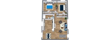 A top-down view of a house layout with a living room, dining area, kitchen, and bedrooms.