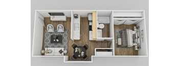 A top-down view of a small apartment with a kitchen, living room, and bathroom.