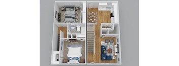A floor plan of a small apartment with a bedroom, living room, and kitchen.