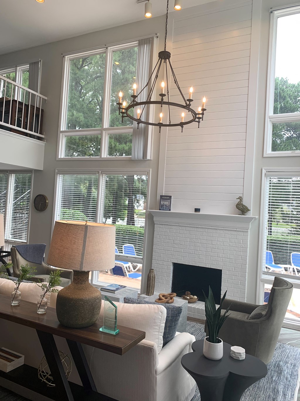 Leasing Office with Fire Place and Chandelier  at Huntington Apartments, North Carolina