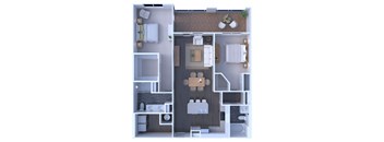 A floor plan of a house with a kitchen, living room, dining room, and two bedrooms.