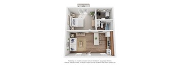 A 3D floor plan of a small apartment with a kitchen, living room, and bathroom.