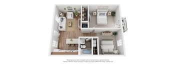 A 3D floor plan of a small apartment with a kitchen, living room, and bedroom.