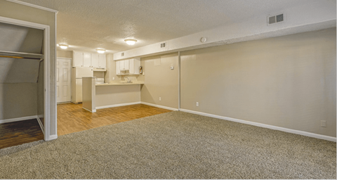 A room with a carpeted floor and a kitchen area in the background.