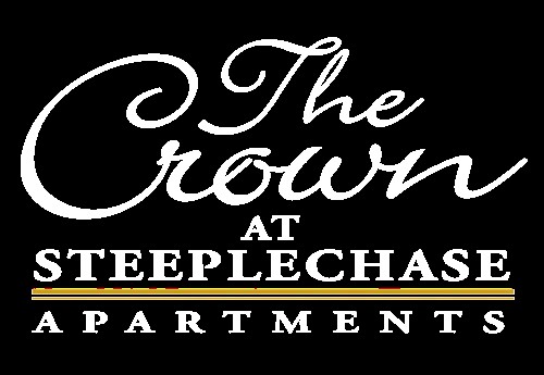 The Crown Steeplechase Apartments logo with white and gold text on a black background.