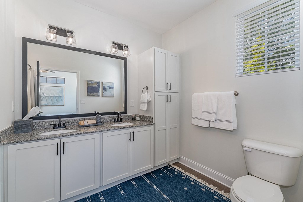 a bathroom with white cabinets and a blue rug