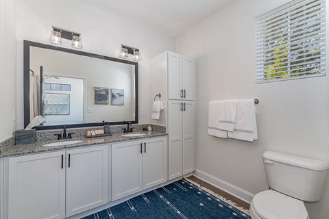a bathroom with white cabinets and a blue rug