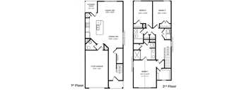 A black and white image of a two-story house floor plan.