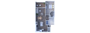 A top-down view of a small apartment with a kitchen, living room, and bedroom.