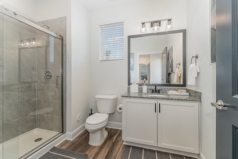 a bathroom with a toilet sink and shower