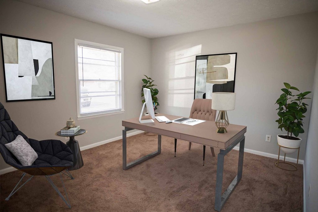 A room with a chair, a table, and a mirror.