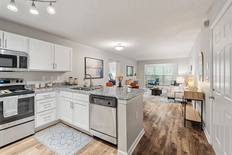 A kitchen with white cabinets and a patterned rug on the floor.