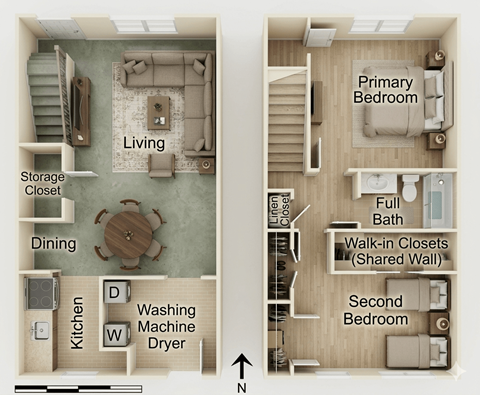 A floor plan of a home showing a living room, dining room, kitchen, and two bedrooms.