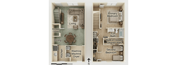 A floor plan of a home showing a living room, dining room, kitchen, and two bedrooms.
