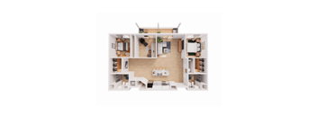 A top-down view of a house layout with a living room, kitchen, and bedrooms.