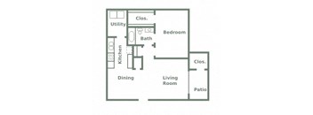 Floor plan for One Bedroom One Bath Apartment