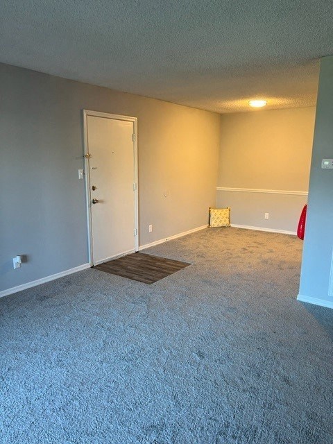 an empty living room with a door and carpet