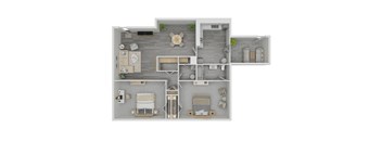 A 3D floor plan of a house with a kitchen, living room, dining room, and bathroom.