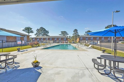A pool area with a blue umbrella and picnic tables.