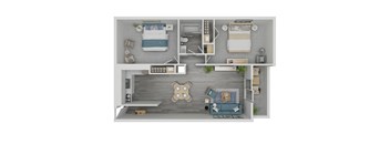 A top-down view of a small apartment with a bed, a couch, a kitchenette, and a living area.