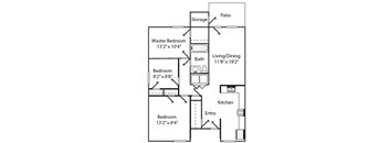 A floor plan of a home with a master bedroom, two additional bedrooms, a living/dining area, a kitchen, and a patio.